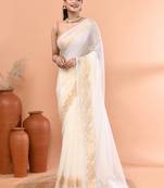 Off white festive cotton blend jamdani saree with running blouse