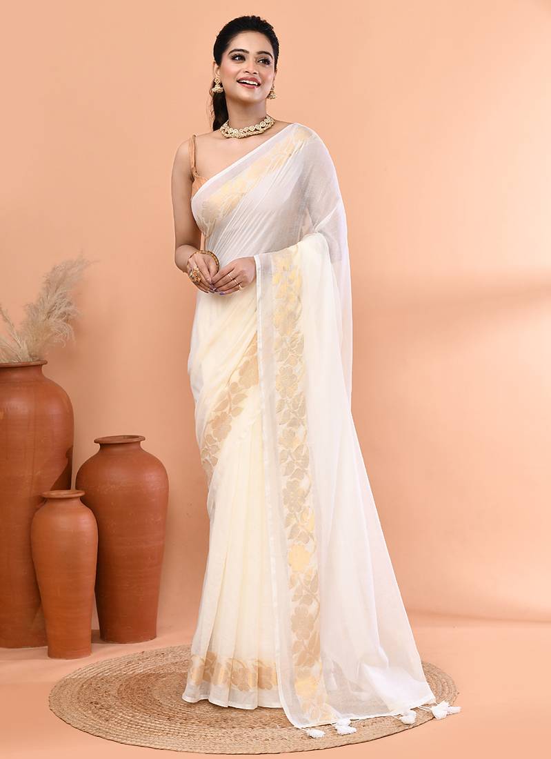 Off white festive cotton blend jamdani saree with running blouse