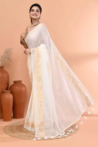 Off white festive cotton blend jamdani saree with running blouse