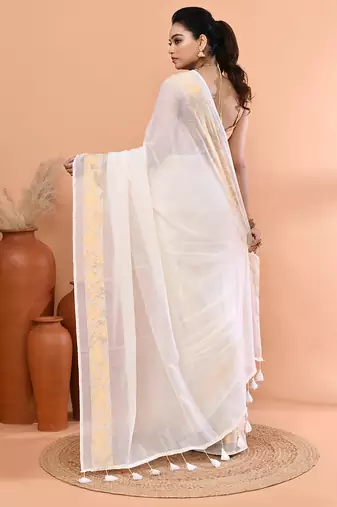 Off white festive cotton blend jamdani saree with running blouse
