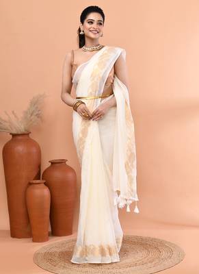 Off white festive cotton blend jamdani saree with running blouse 4