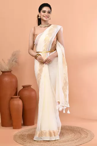 Off white festive cotton blend jamdani saree with running blouse