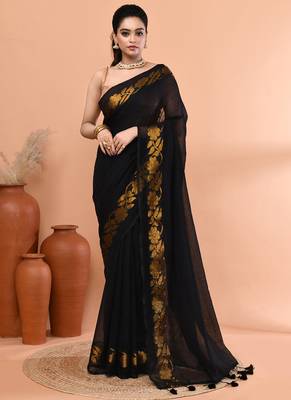 Black festive cotton blend jamdani saree with running blouse 1