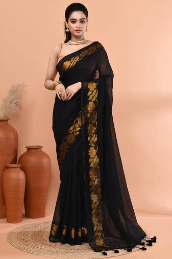 Black festive cotton blend jamdani saree with running blouse