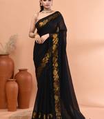 Black festive cotton blend jamdani saree with running blouse