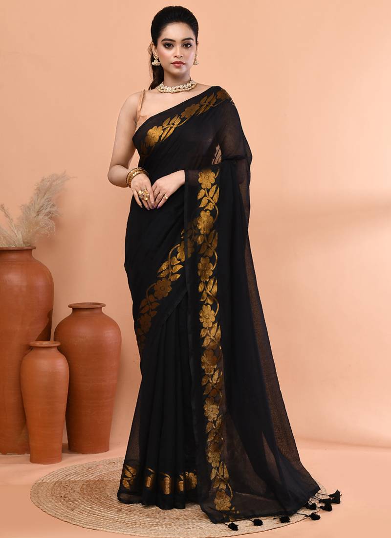 Black festive cotton blend jamdani saree with running blouse