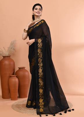 Black festive cotton blend jamdani saree with running blouse 2