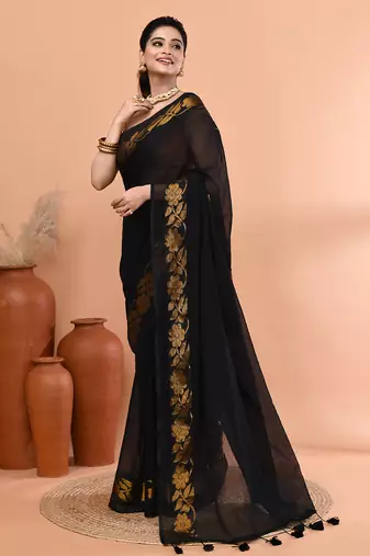 Black festive cotton blend jamdani saree with running blouse