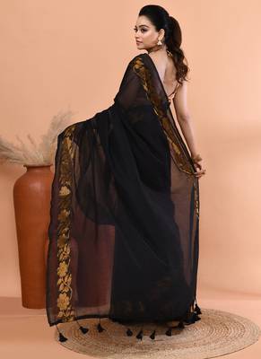 Black festive cotton blend jamdani saree with running blouse 3