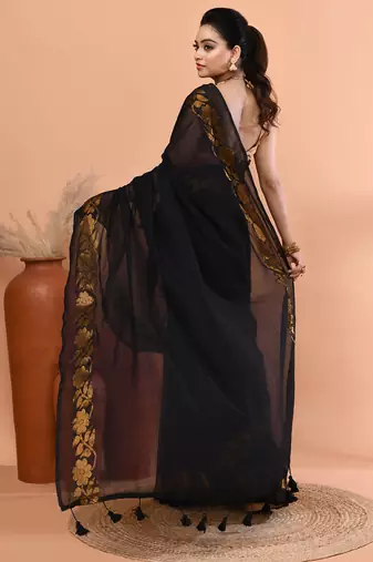 Black festive cotton blend jamdani saree with running blouse