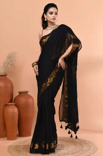 Black festive cotton blend jamdani saree with running blouse