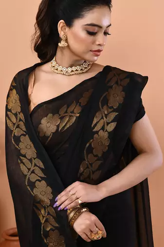 Black festive cotton blend jamdani saree with running blouse