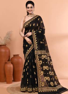 Black festive cotton silk jamdani saree with running blouse 1