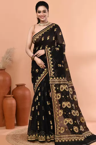 Black festive cotton silk jamdani saree with running blouse