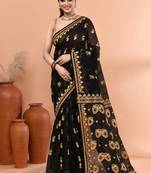 Black festive cotton silk jamdani saree with running blouse