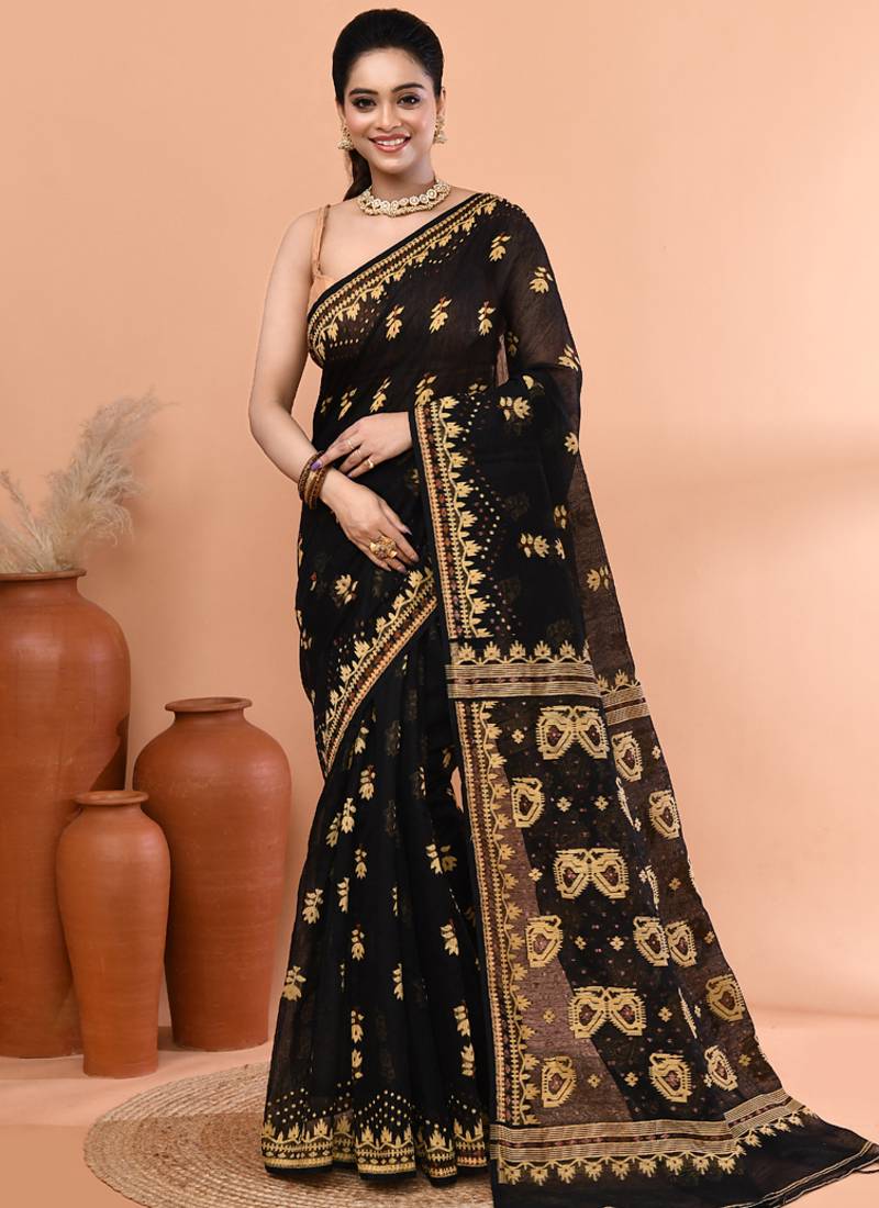 Black festive cotton silk jamdani saree with running blouse