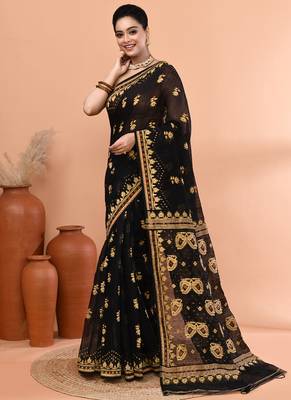 Black festive cotton silk jamdani saree with running blouse 2