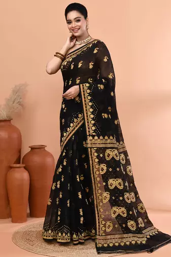 Black festive cotton silk jamdani saree with running blouse
