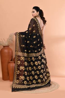 Black festive cotton silk jamdani saree with running blouse 3