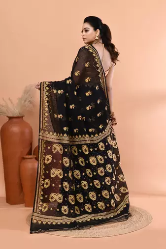 Black festive cotton silk jamdani saree with running blouse