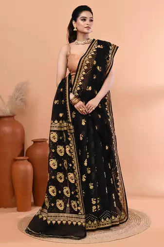 Black festive cotton silk jamdani saree with running blouse