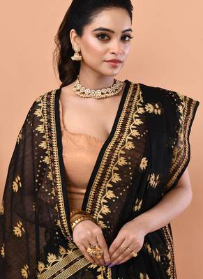 Black festive cotton silk jamdani saree with running blouse 5