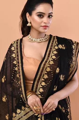 Black festive cotton silk jamdani saree with running blouse