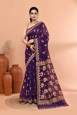 Purple festive cotton silk jamdani saree with running blouse 1