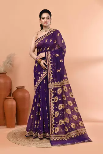 Purple festive cotton silk jamdani saree with running blouse