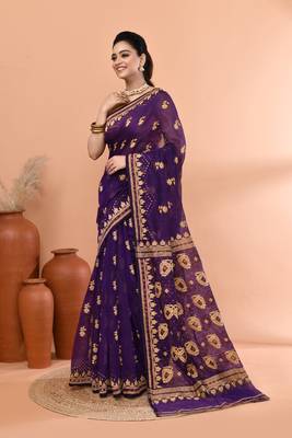 Purple festive cotton silk jamdani saree with running blouse 2