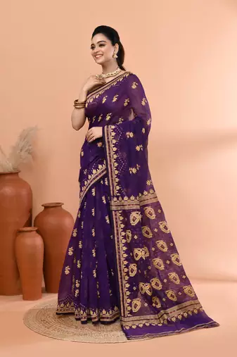 Purple festive cotton silk jamdani saree with running blouse