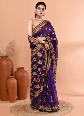 Purple festive cotton silk jamdani saree with running blouse 3
