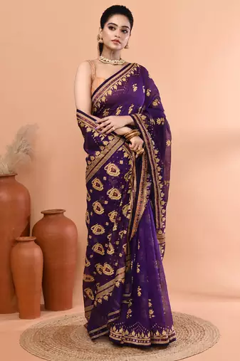 Purple festive cotton silk jamdani saree with running blouse