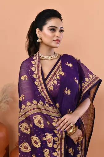 Purple festive cotton silk jamdani saree with running blouse