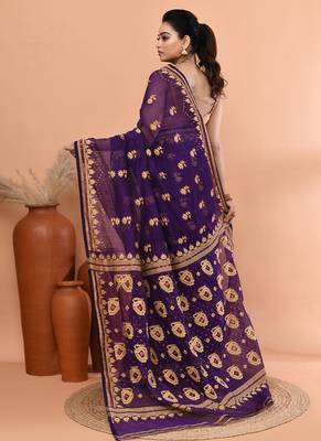 Purple festive cotton silk jamdani saree with running blouse 5