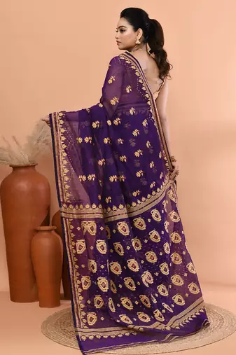 Purple festive cotton silk jamdani saree with running blouse