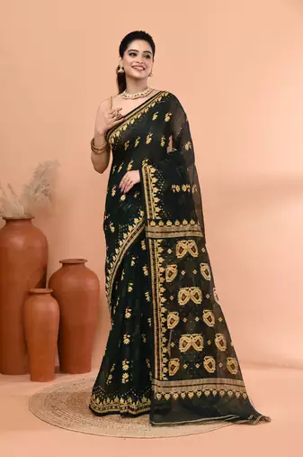 Bottle green festive cotton silk jamdani saree with running blouse