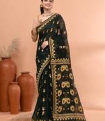 Bottle green festive cotton silk jamdani saree with running blouse