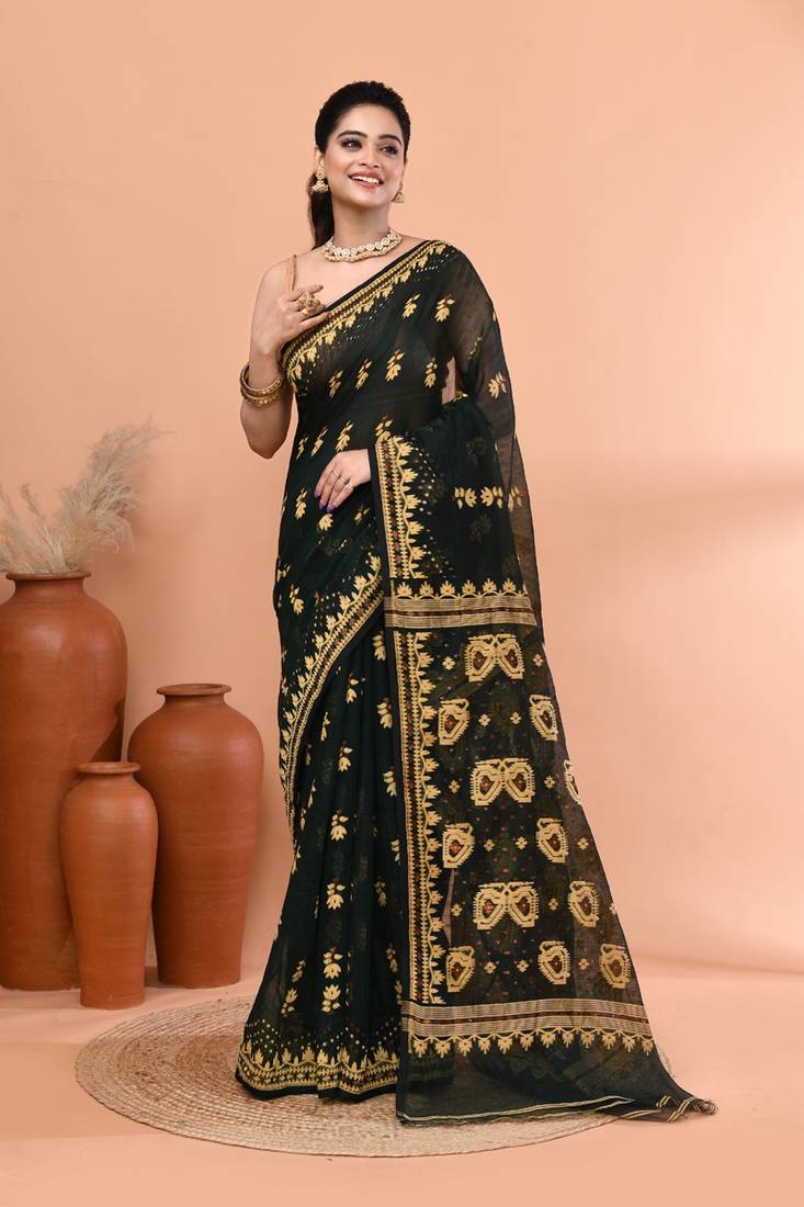 Bottle green festive cotton silk jamdani saree with running blouse