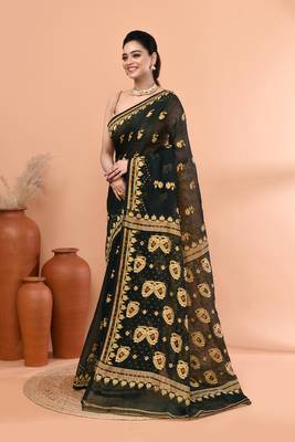 Bottle green festive cotton silk jamdani saree with running blouse 2