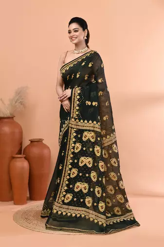 Bottle green festive cotton silk jamdani saree with running blouse