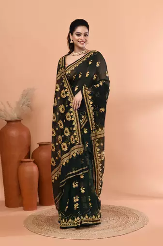 Bottle green festive cotton silk jamdani saree with running blouse