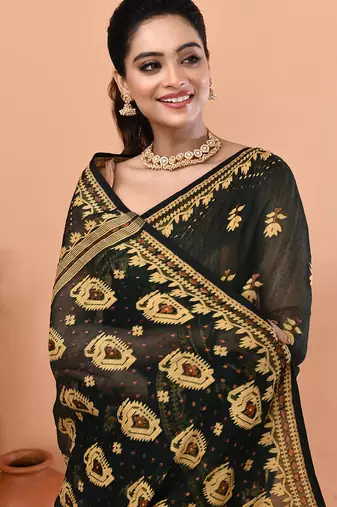 Bottle green festive cotton silk jamdani saree with running blouse
