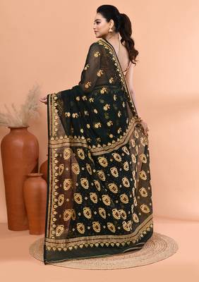 Bottle green festive cotton silk jamdani saree with running blouse 5