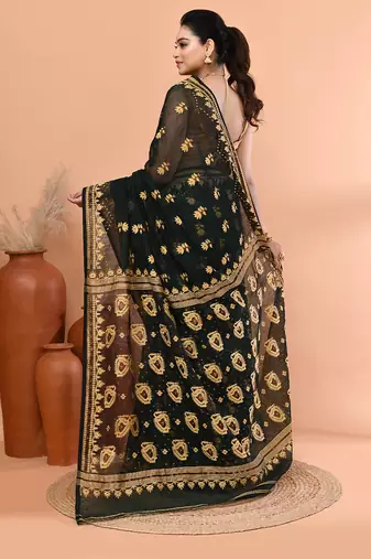 Bottle green festive cotton silk jamdani saree with running blouse