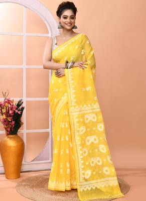 Yellow festive cotton silk jamdani saree with running blouse 1