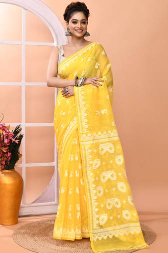 Yellow festive cotton silk jamdani saree with running blouse