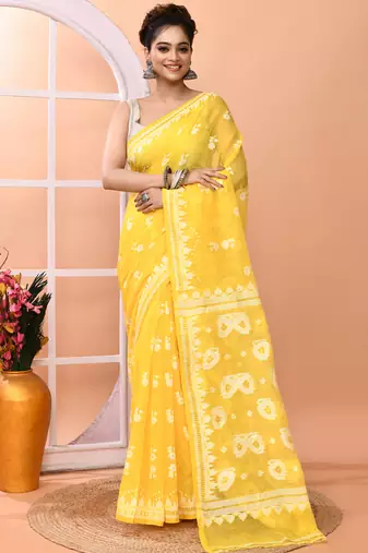 Yellow festive cotton silk jamdani saree with running blouse