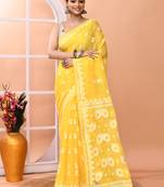 Yellow festive cotton silk jamdani saree with running blouse