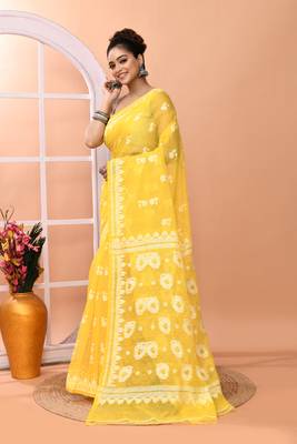 Yellow festive cotton silk jamdani saree with running blouse 2